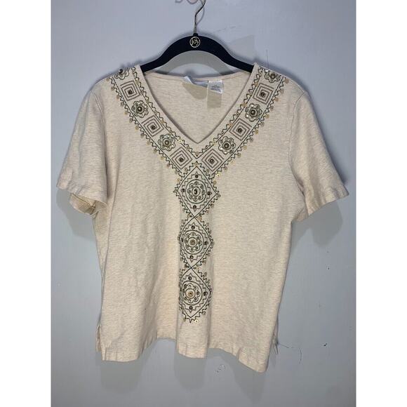 Alfred Dunner Womens Petite Embroidered Beige Short Sleeve V-Neck Top Size PM - Picture 1 of 3